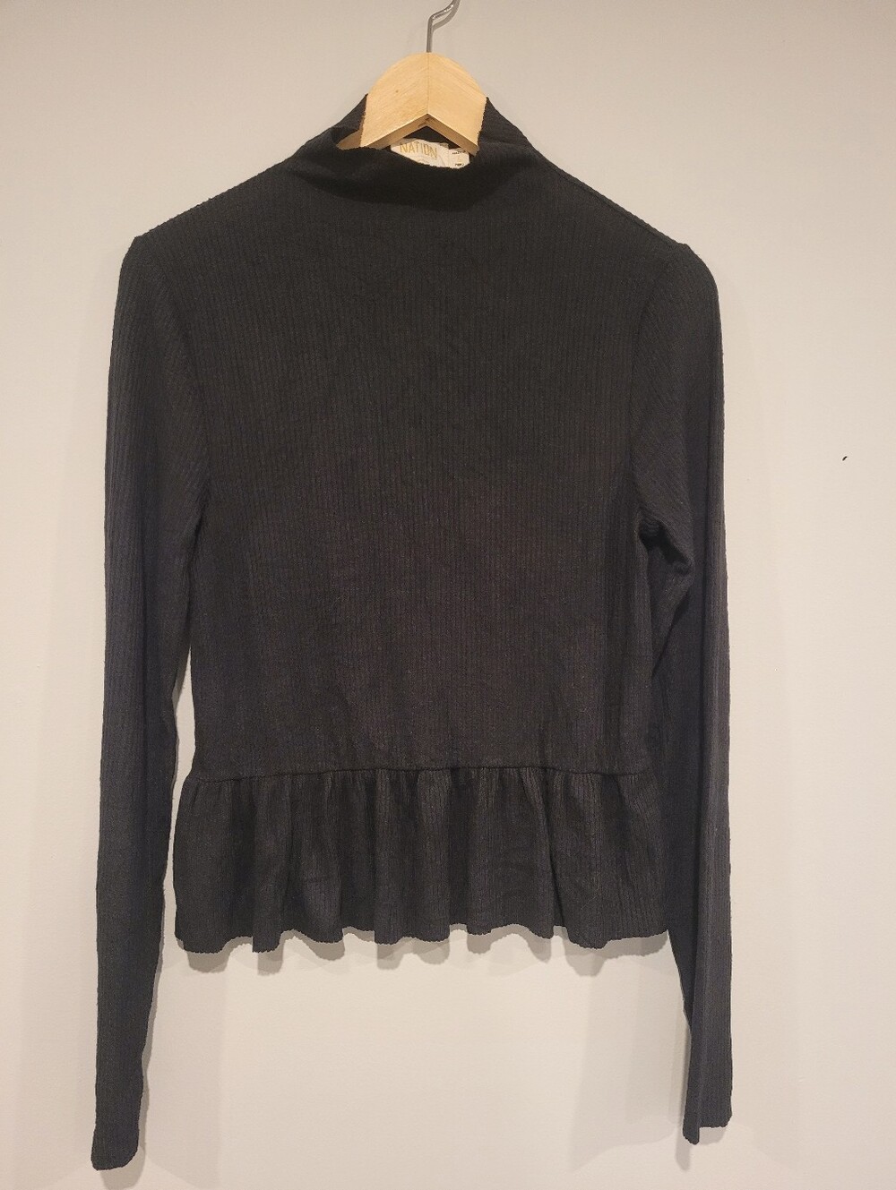 Nation LTD Raya Black Ribbed Peplum Mock Neck Top Size Large - Picture 3 of 10